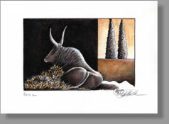 Maremma-Stier liegend, 2000, 14 x 21,5 cm, Bleistift und braune Tuschen au handgeschöpftem Bütte, Privatbesitz