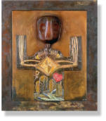 Idol N.Y., 1990, 91,5 x 15,5 cm, Öl/Acryl, Mischtechnik, Trocken pigmente, Milchflasche und Leinwandmodelliergips, auf Leinwand und Holz, Privatbesitz